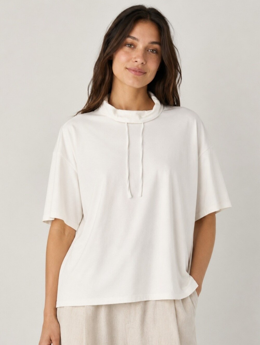 Eileen Fisher XL white organic cotton funnel neck boxy top minimalist lagenlook